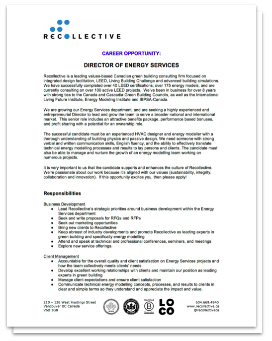 Job Posting - Director of Energy Services at Recollective 2014-12-01